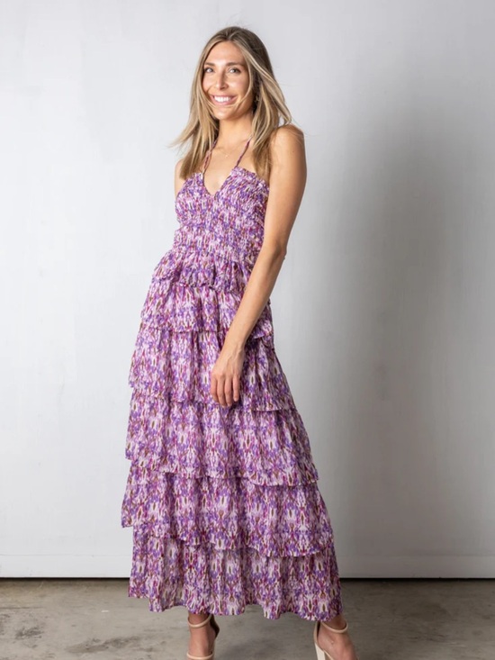 vestique Dresses & Skirts - vestique Purple Floral Smocked Tiered Midi Dress